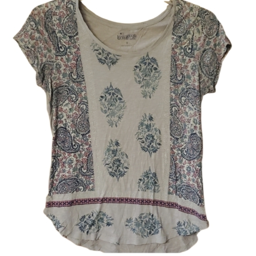 Lucky Brand Paisley Floral Gray Short Sleeve Top Size Small